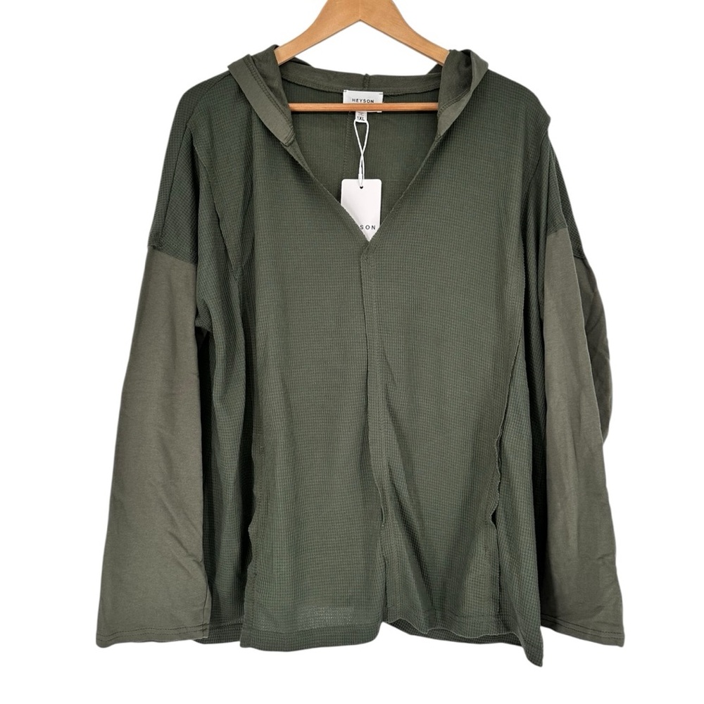 Heyson Olive Waffle Knit Long Sleeve Hoodie Sweater Top size 1X NWT Lightweight